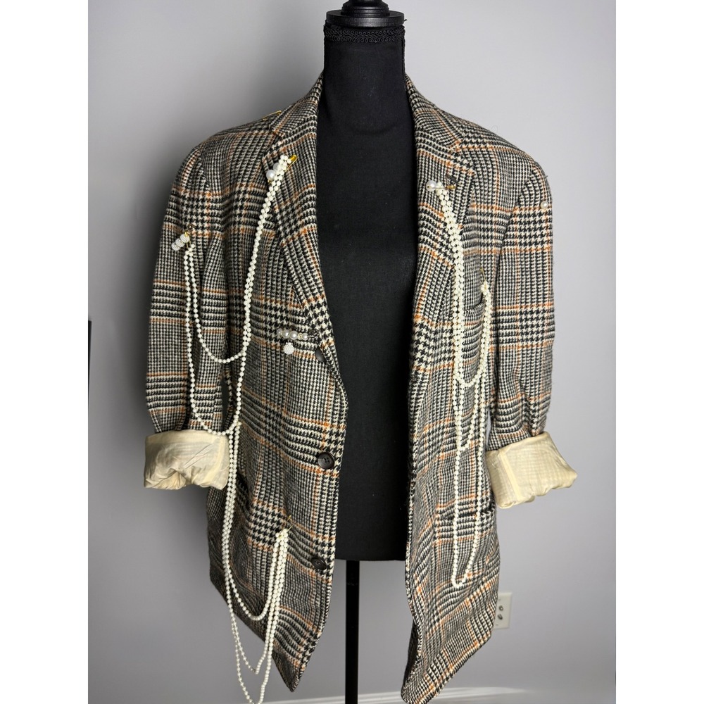 Unisex Glen Plaid Blazer with Draped Faux Pearls and Safety Pin Accents Grey Tan
